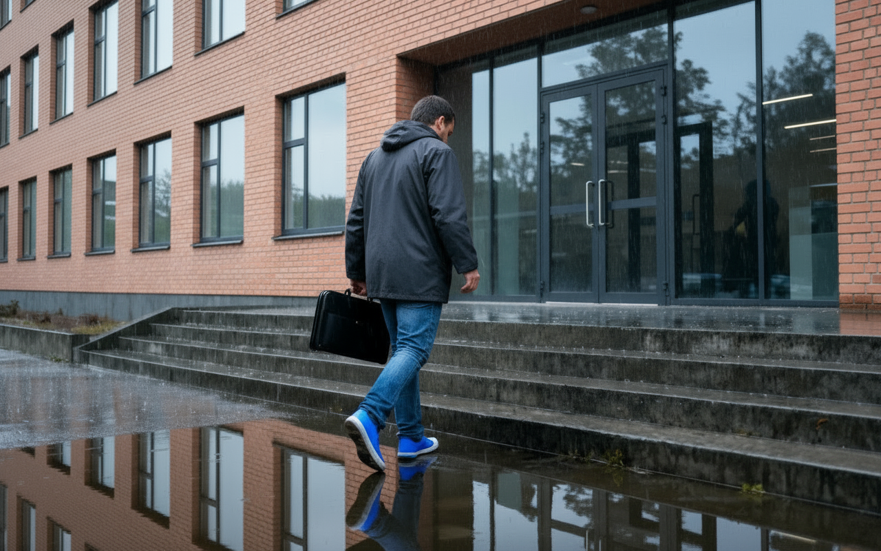 A teacher walking back into the school building