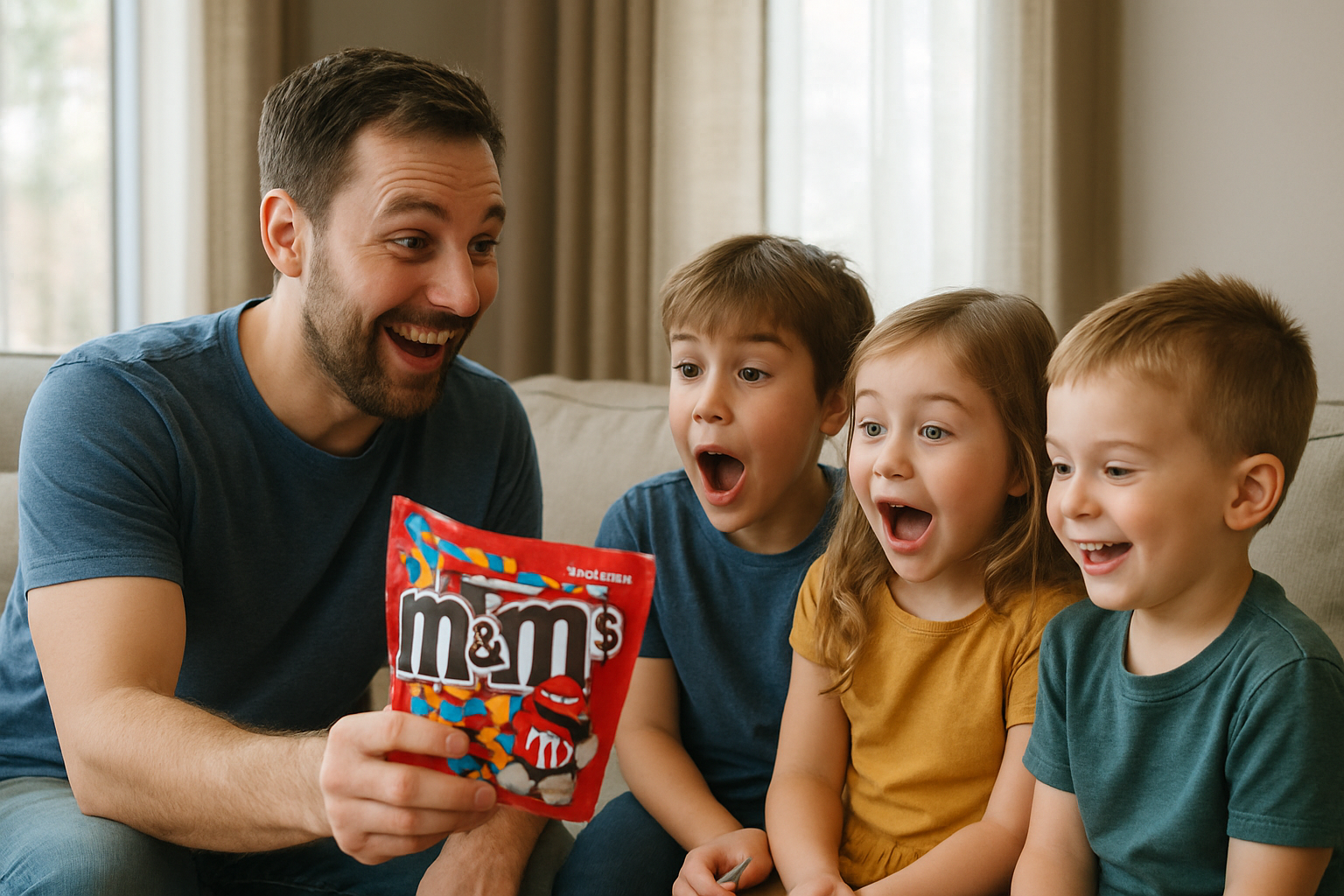 Father brings home candy for kids