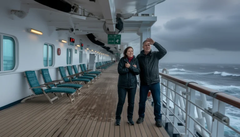 couple on deck of cruise ship in storm