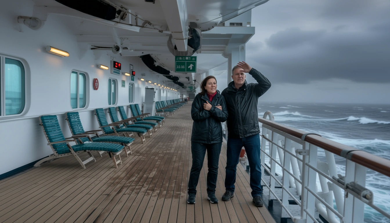 couple on deck of cruise ship in storm